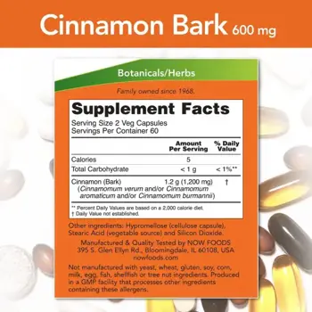 NOW Foods Cinnamon Bark 600 мг Канела - 120 веге капсули, 60 дози