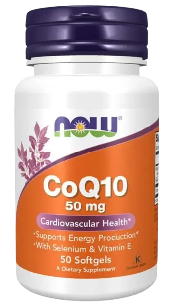 NOW Foods CoQ10 + Vitamin E 50 мг CoQ10 Убиквинон + Витамин Е - 50 гел капсули, 50 дози