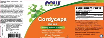 NOW Foods Cordyceps 750 мг Кордицепс - 90 веге капсули, 45 дози
