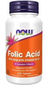 NOW Foods Folic Acid 800 мкг + B12 Витамин Б-9 Фолиева Киселина + Витамин B12 - 250 таблетки, 250 дози