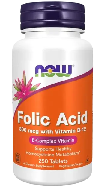 NOW Foods Folic Acid 800 мкг + B12 Витамин Б-9 Фолиева Киселина + Витамин B12 - 250 таблетки, 250 дози
