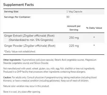 NOW Foods Ginger Root Extract 250 мг Джинджифил - 90 веге капсули, 90 дози