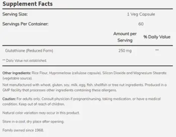NOW Foods Glutathione 250 мг Глутатион - 60 веге капсули, 60 дози