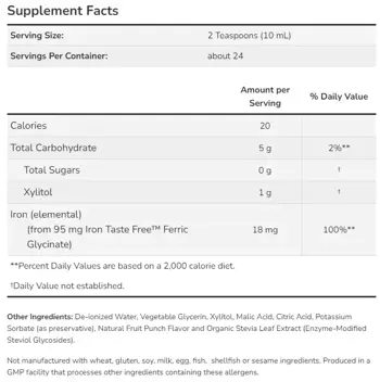 NOW Foods Iron Liquid from Iron Taste Free™ Ferric Glycinate Течно Желязо - 237 мл, 24 дози