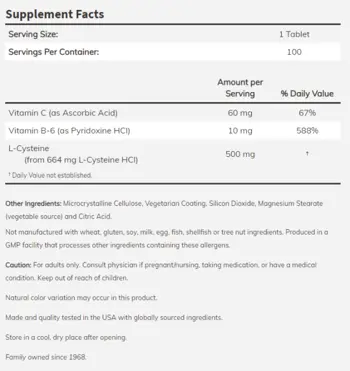 NOW Foods L-Cysteine 500 мг Л-Цистеин - 100 таблетки, 100 дози