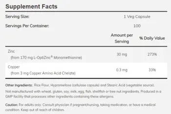 NOW Foods L-Opti Zinc® 30 мг Цинк Монометионин  - 100 веге капсули, 100 дози