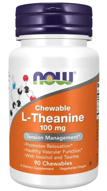 NOW Foods L-Theanine Chewable with Inositol & Taurine 100 мг Теанин + Иноситол + Таурин - 90 дъвчащи таблетки, 90 дози