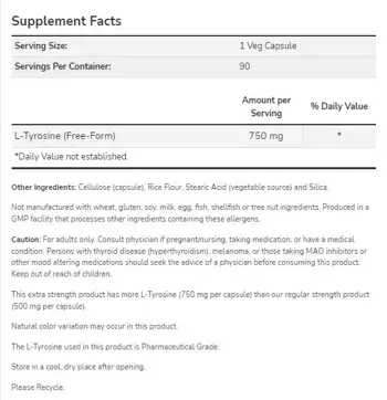 NOW Foods L-Tyrosine 750 мг Extra Strength L-Тирозин - 90 веге капсули, 90 дози