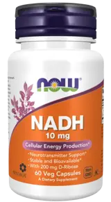 NOW Foods NADH 10 мг + 200 мг Ribose Mетаболитно Aктивна Форма на Витамин B-3 - 60 веге капсули, 60 дози