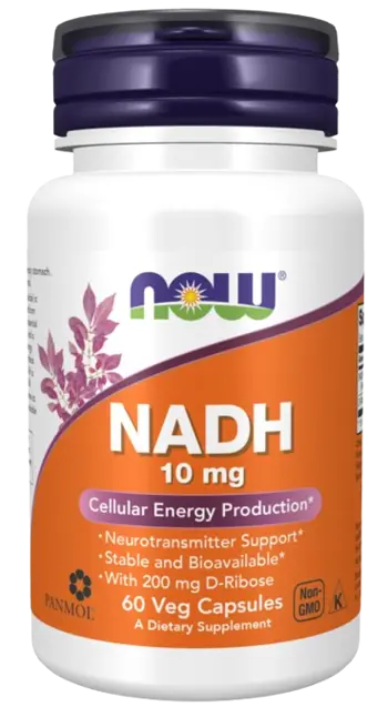 NOW Foods NADH 10 мг + 200 мг Ribose Mетаболитно Aктивна Форма на Витамин B-3 - 60 веге капсули, 60 дози