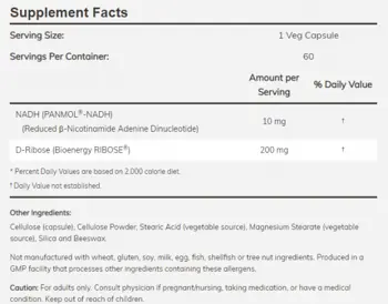 NOW Foods NADH 10 мг + 200 мг Ribose Mетаболитно Aктивна Форма на Витамин B-3 - 60 веге капсули, 60 дози