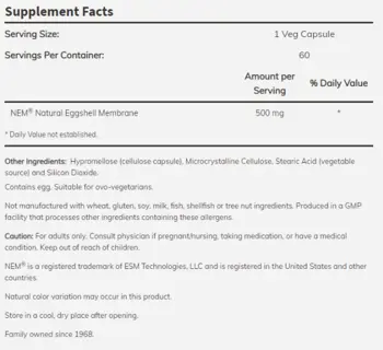 NOW Foods Natural Eggshell Membrane 500 мг Мембрана от Яйчена Черупка  - 60 веге капсули, 60 дози