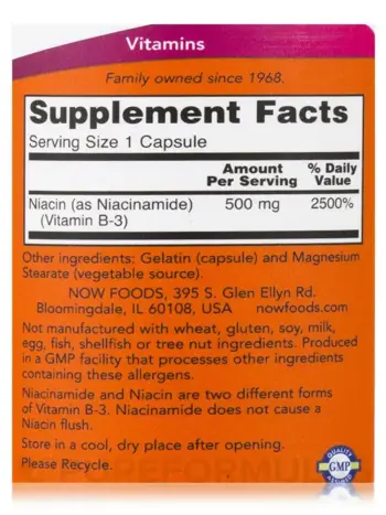 NOW Foods Niacinamide 500 мг Витамин Б-3 - 100 веге капсули, 100 дози