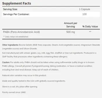 NOW Foods PABA 500 мг Витамин Б10 PABA - 100 капсули, 100 дози