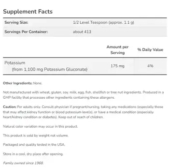 NOW Foods Potassium Gluconate Powder Калий на Прах - 454 грама, 206 дози