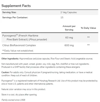 NOW Foods Pycnogenol 30 мг Пикногенол - 60 веге капсули, 30 дози