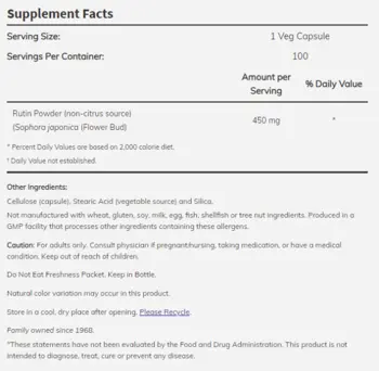 NOW Foods Rutin 450 мг Рутин - 100 веге капсули, 100 дози