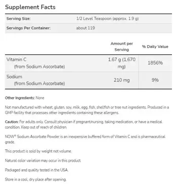 NOW Foods Sodium Ascorbate Powder Pure, Buffered Vitamin C Буфериран Витамин C на Прах - 227 грама, 119 дози