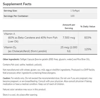 NOW Foods Ultra A & D-3 Vitamin A 25.000 & Vitamin D 1000 IU Витамин А + Витамин Д3 - 100 гел капсули, 100 дози