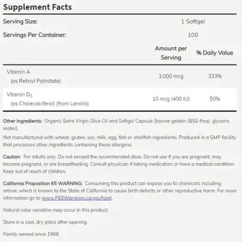 NOW Foods Vitamin A & D 10000/400 IU Витамин А и Д3 - 100 гел капсули, 100 дози