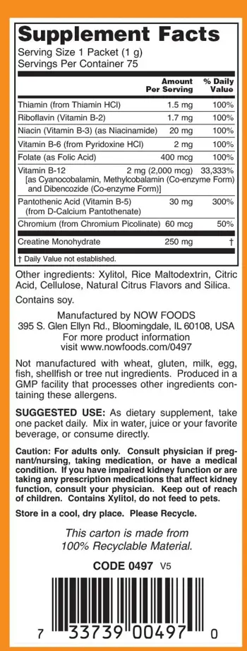 NOW Foods Vitamin B-12 Instant Energy Витамин Б-12 Цианокобаламин - 75 пакета, 75 дози
