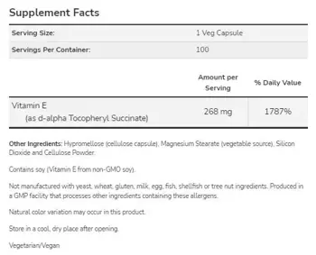 NOW Foods Vitamin E-400 d-alpha Tocopheryl Vegetarian Dry Витамин E - 100 веге капсули, 100 дози