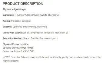 NOW Foods White Thyme Oil 100% Thymus Vulgaris / Zygis Етерично Масло от Мащерка - 30 мл
