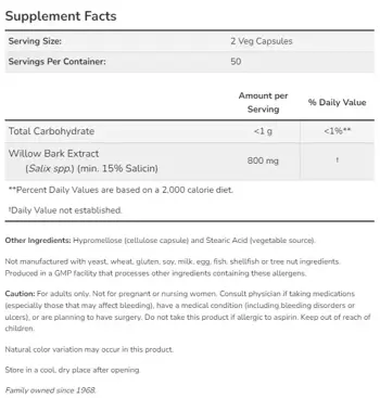 NOW Foods Willow Bark Extract 400 мг Кора от Върба - 100 веге капсули, 50 дози