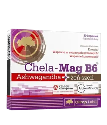 OLIMP Chela-Mag B6 Ashwagandha + Ginseng Mагнезий, Витамин В6 и Екстракт от Ашваганда - 30 капсули, 30 дози