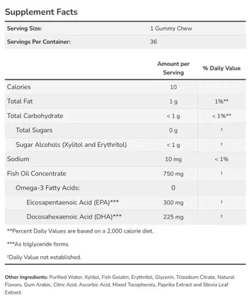 NOW Foods Omega-3 Fish Oil Gummy Chews Дъвчащи Бонбони с Концентрирано Рибено Масло - 36 дъвчащи таблетки, 36 дози