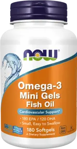 NOW Foods Omega-3 Mini Gels Стандартизирано Рибено Масло - 180 малки гел капсули, 90 дози