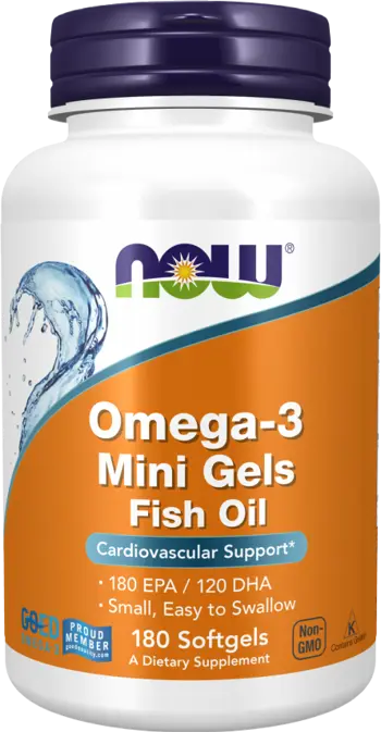 NOW Foods Omega-3 Mini Gels Стандартизирано Рибено Масло - 180 малки гел капсули, 90 дози