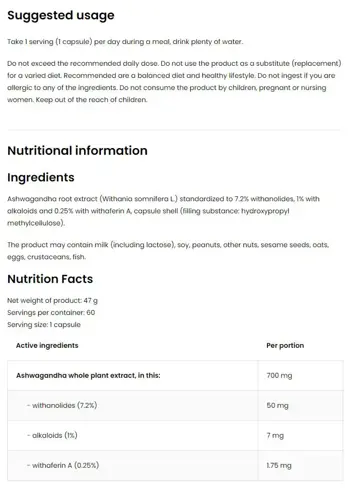 OstroVit Ashwagandha 700 мг Vege Ашваганда - 60 капсули, 60 дози
