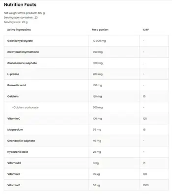 OstroVit Flex Regen Collagen + Glucosamine, Chondroitin, MSM, Hyaluronic Acid Комплексна Формула за Здрави Кости, Сухожилия, Хрущяли и Връзки - 400 грама, 20 дози