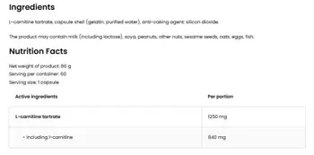 OstroVit L-Carnitine 1250 мг  L-Карнитин Тартрат - 60 капсули, 60 дози