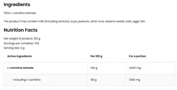 OstroVit L-Carnitine Tartrate Powder L-Карнитин Тартрат на Прах - 210 грама, 105 дози