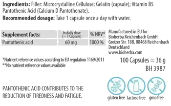 Bioherba Pantothenic Acid Vitamin B-5 60 mg Пантотенова киселина - 100 капсули