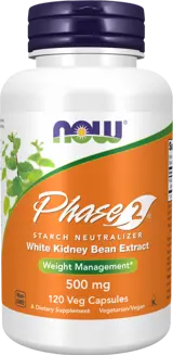 NOW Foods Phase 2® White Kidney Bean Extract 500 мг Екстракт от Бял Боб - 120 веге капсули, 40 дози
