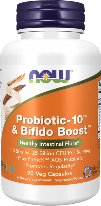 NOW Foods Probiotic-10™ & Bifido Boost™ Мощна Формула с Концентрирани Пробиотици - 90 веге капсули, 30 дози