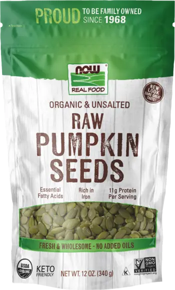 NOW Foods Pumpkin Seeds Organic, Raw & Unsalted Органични Тиквени Семки - 340 грама, 11 дози