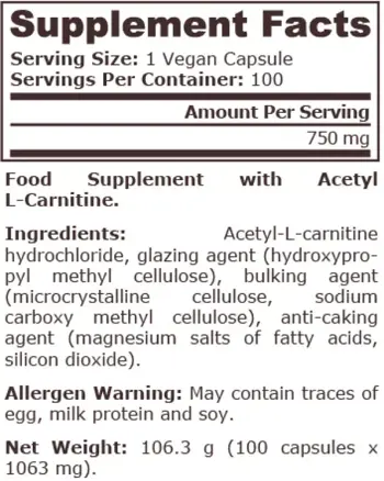 Pure Nutrition ACETYL L-CARNITINE 750 мг Ацетил L-Карнитин - 100 веге капсули, 100 дози