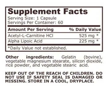 Pure Nutrition ALA / ALC Алфа Липоева Киселина + Ацетил Л-Карнитин - 60 капсули, 60 дози