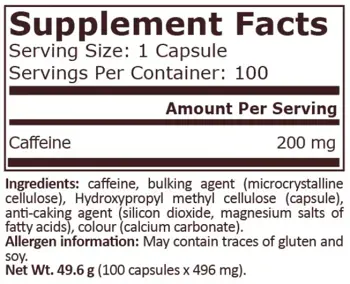 Pure Nutrition Caffeine 200 мг Кофеин - 100 капсули, 100 дози