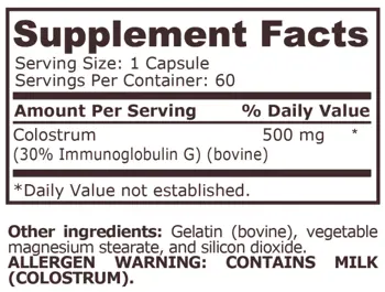 Pure Nutrition COLOSTRUM 500 мг Коластра - 60 капсули, 60 дози