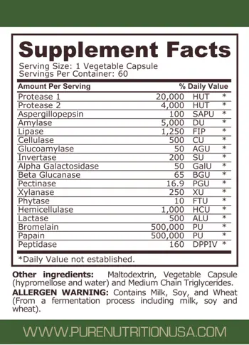 Pure Nutrition DIGEST MATRIX Комбинация от Храносмилателни Ензими - 60 капсули, 60 дози