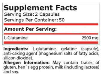 Pure Nutrition GLUTAMINE CAPSULES 1250 мг Глутамин на Капсули - 100 капсули, 50 дози