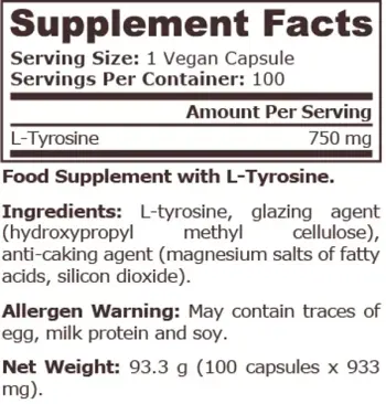 Pure Nutrition L-TYROSINE 750 мг L-Тирозин - 100 веге капсули, 100 дози