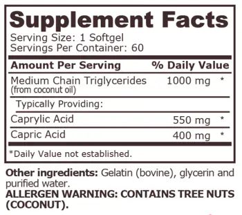 Pure Nutrition MCT OIL 1000 мг Средноверижни Триглицериди - 60 гел капсули, 60 дози