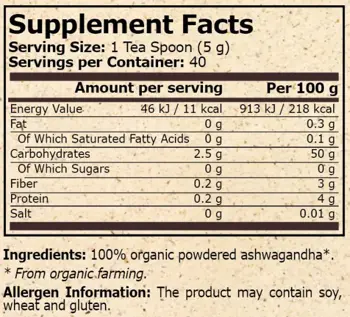 Pure Nutrition ORGANIC ASHWAGANDHA Ашваганда- 200 грама, 40 дози