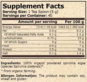 Pure Nutrition ORGANIC SPIRULINA Спирулина - 200 грама, 40 дози